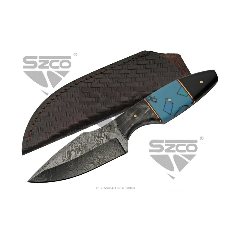 Couteau Skinner Damas 256 Couches Manche Turquoise/Corne Etui Cuir DM1294TR 3 Couteau Skinner Damas 256 Couches Manche Turquoise/Corne Etui Cuir DM1294TR – Image 3