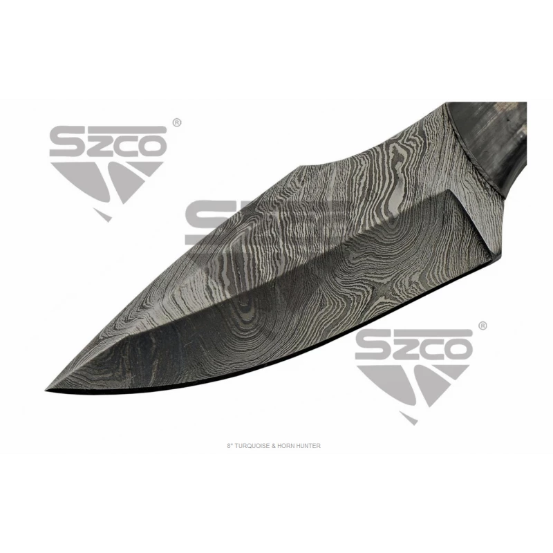 Couteau Skinner Damas 256 Couches Manche Turquoise/Corne Etui Cuir DM1294TR 5 Couteau Skinner Damas 256 Couches Manche Turquoise/Corne Etui Cuir DM1294TR – Image 5