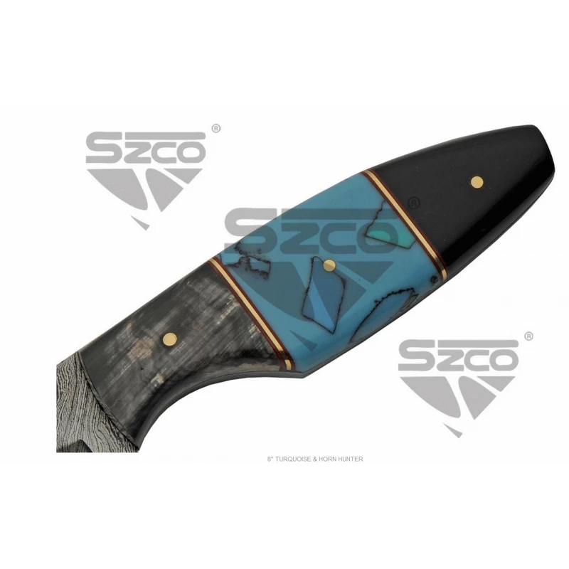 Couteau Skinner Damas 256 Couches Manche Turquoise/Corne Etui Cuir DM1294TR 6 Couteau Skinner Damas 256 Couches Manche Turquoise/Corne Etui Cuir DM1294TR – Image 6