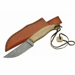 Couteau Skinner Damas Lame 256 Couches Manche Os Etui Cuir DM1071