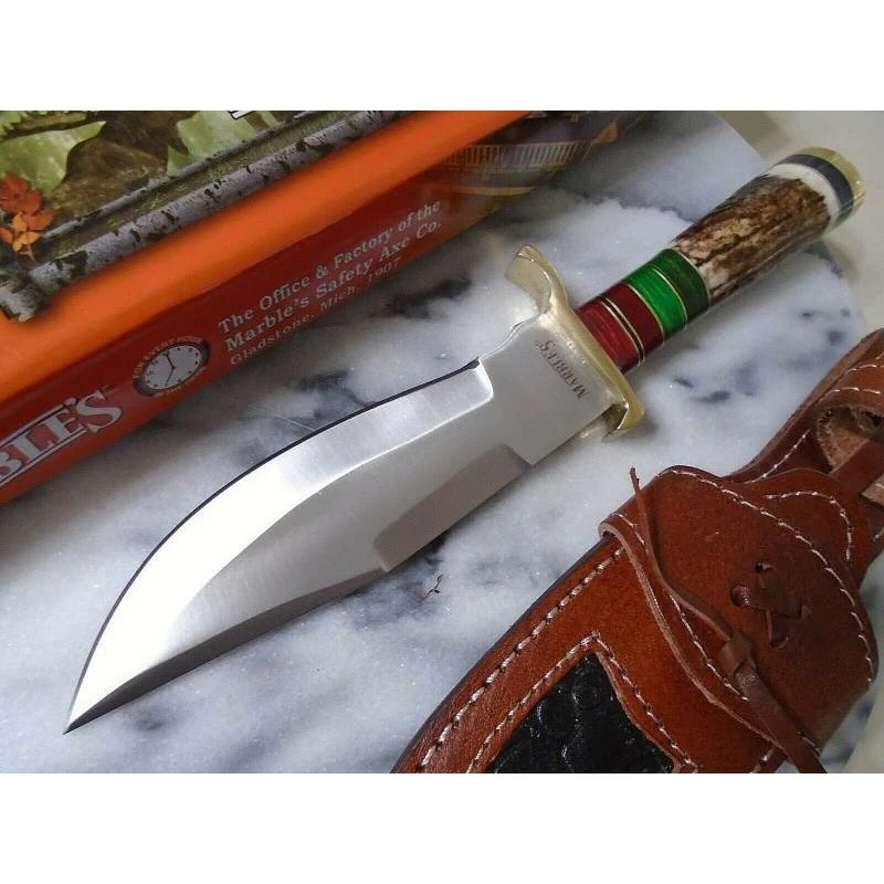 Couteau Skinner Marbles Manche Bois De Cerf Lame Acier Inox Etui CUir MR627 1 Couteau Skinner Marbles Manche Bois De Cerf Lame Acier Inox Etui CUir MR627