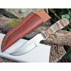 Couteau Steel Stag Finger Grip Skinner Lame Acier Inox Manche Bois & Bois De Cerf Etui Cuir SS7020
