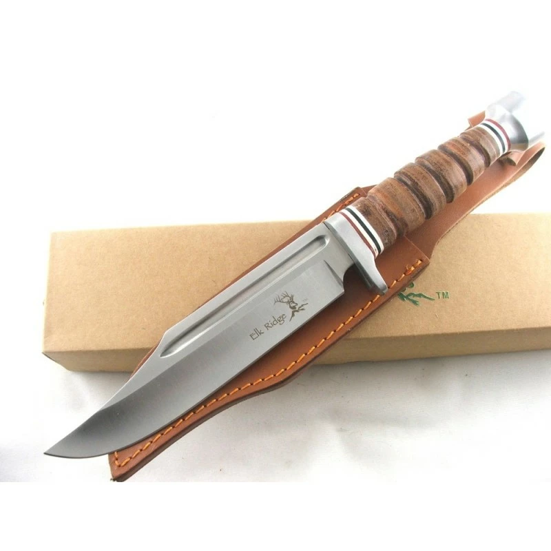 ER047 Bowie Couteau De Chasse Elk Ridge Lame Acier 440 Manche Cuir Etui Cuir 1 ER047 Bowie Couteau De Chasse Elk Ridge Lame Acier 440 Manche Cuir Etui Cuir