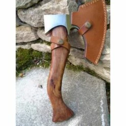 Hache De Viking Lame Acier Carbone 1055 Manche Bois Etui Cuir Marbles MR616