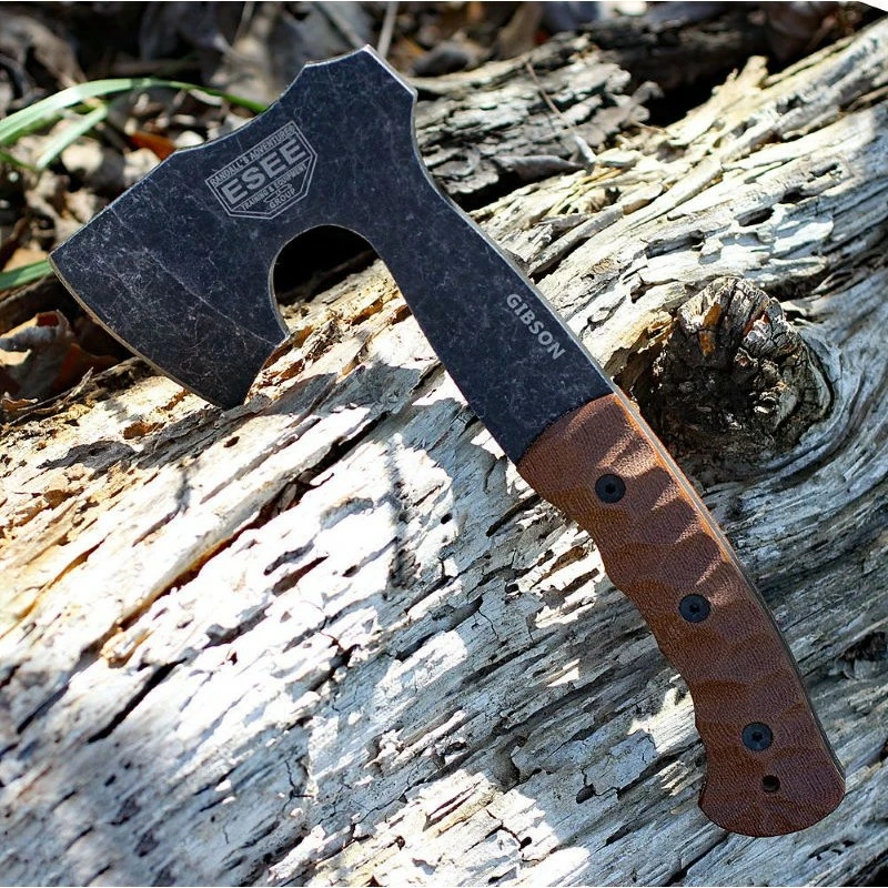 Hache Tomahawk ESEE Gibson Axe Lame Acier Carbone 1095 Manche Micarta Etui Cuir Made In USA ESAXE 1 Hache Tomahawk ESEE Gibson Axe Lame Acier Carbone 1095 Manche Micarta Etui Cuir Made In USA ESAXE
