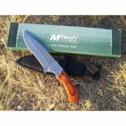 MT080 Couteau De Chasse Bushcraft Mtech Lame Acier 440 Manche Bois Etui Nylon