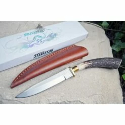 Skinner Couteau De Chasse Hunter Acier Carbone Manche Bois De Cerf Etui Cuir SS7016