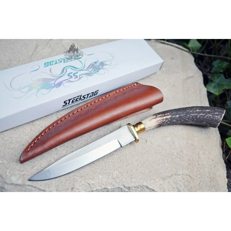 Skinner Couteau De Chasse Hunter Acier Carbone Manche Bois De Cerf Etui Cuir SS7016 1 Skinner Couteau De Chasse Hunter Acier Carbone Manche Bois De Cerf Etui Cuir SS7016