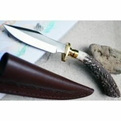 Skinner Couteau De Chasse Hunter Acier Carbone Manche Bois De Cerf Etui Cuir SS7017